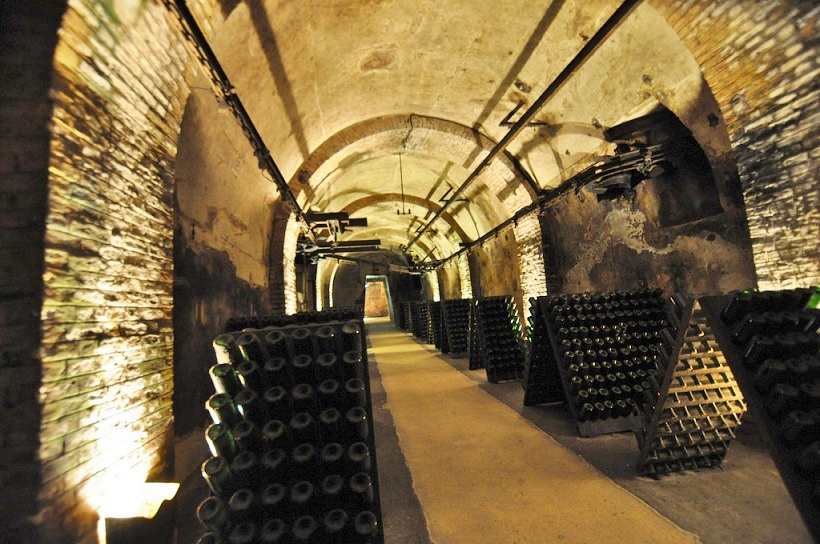 Bouteilles de Champagne dans une cave à Reims